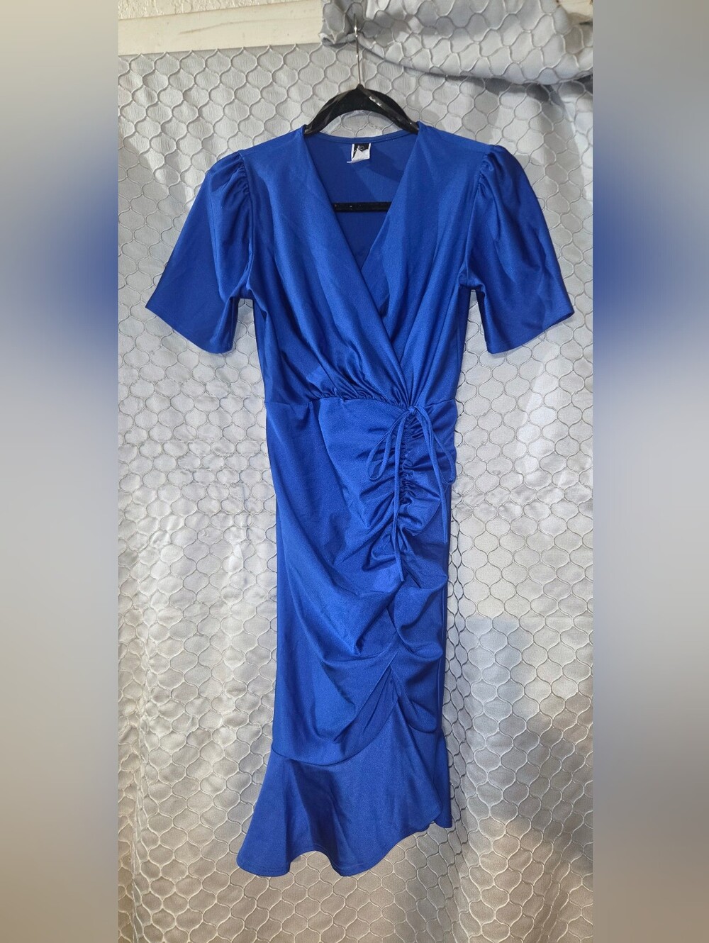 Cobalt Blue Satin Ruched Wrap Midi Dress worn 3x sz M